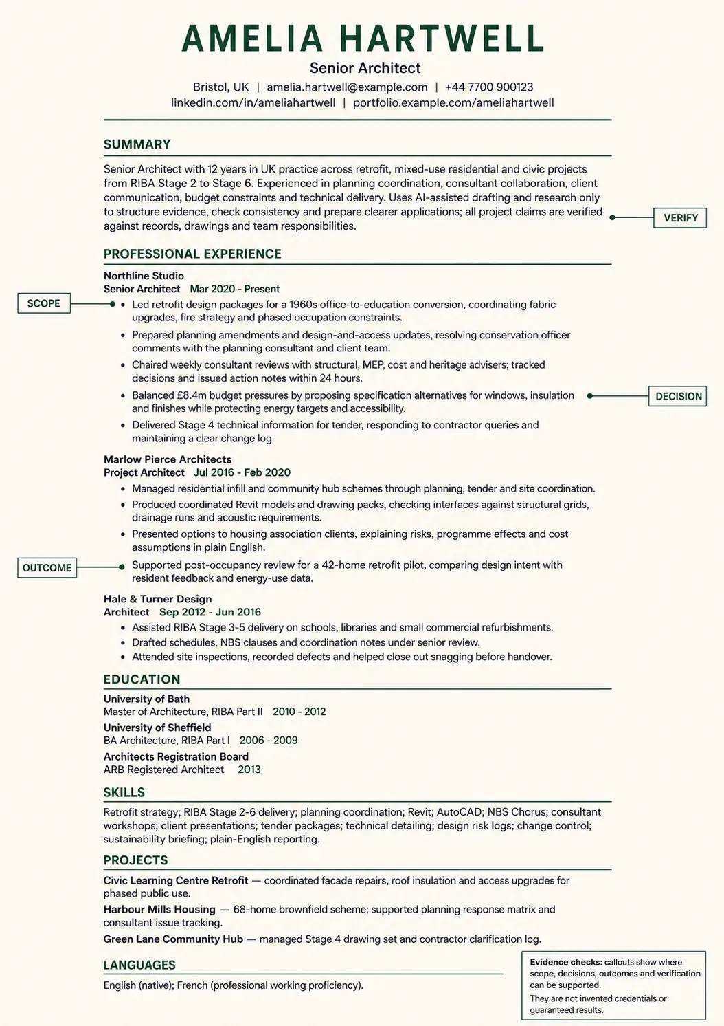 An architect's single-column CV with annotations showing the projects, responsibilities, constraints and outcomes that form a truthful source profile