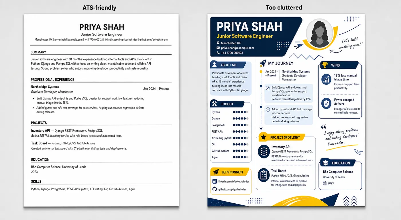 Two versions of a junior software engineer’s CV showing a clean single-column layout beside a cluttered layout that is harder to parse