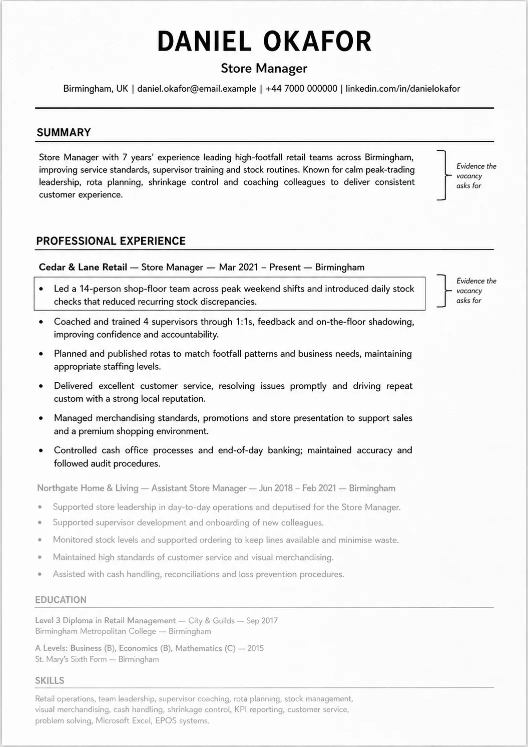 A store manager’s CV with a vacancy-focused summary and a specific leadership and stock-control achievement in the top third