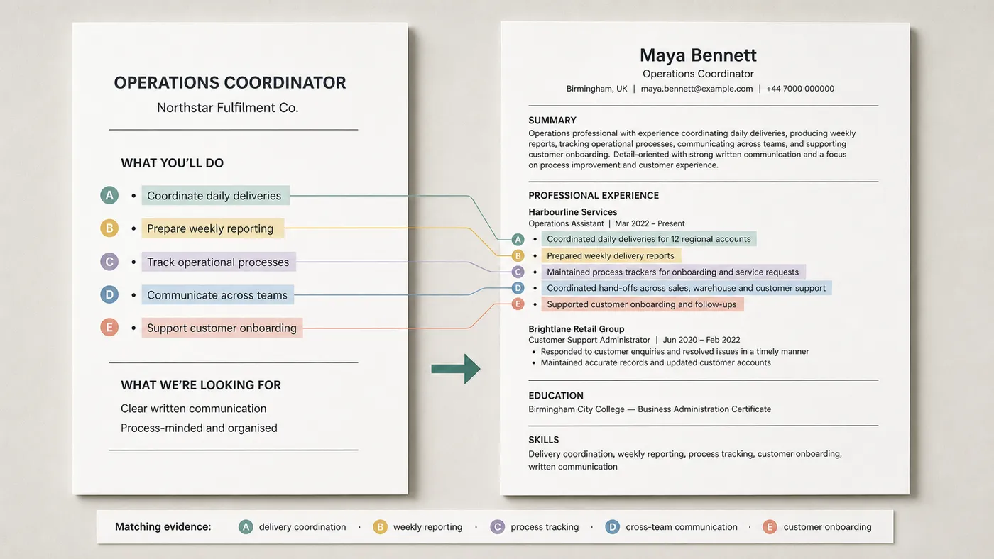 A job advert for an operations coordinator on the left, its five stated requirements colour-matched by connecting lines to the corresponding evidence bullets in a tailored CV on the right