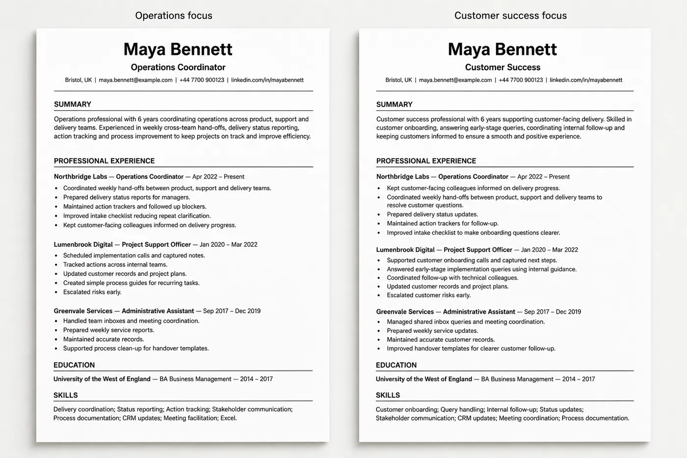 Two truthful tailored CV versions for the same mid-career professional, one focused on operations coordination and one on customer success